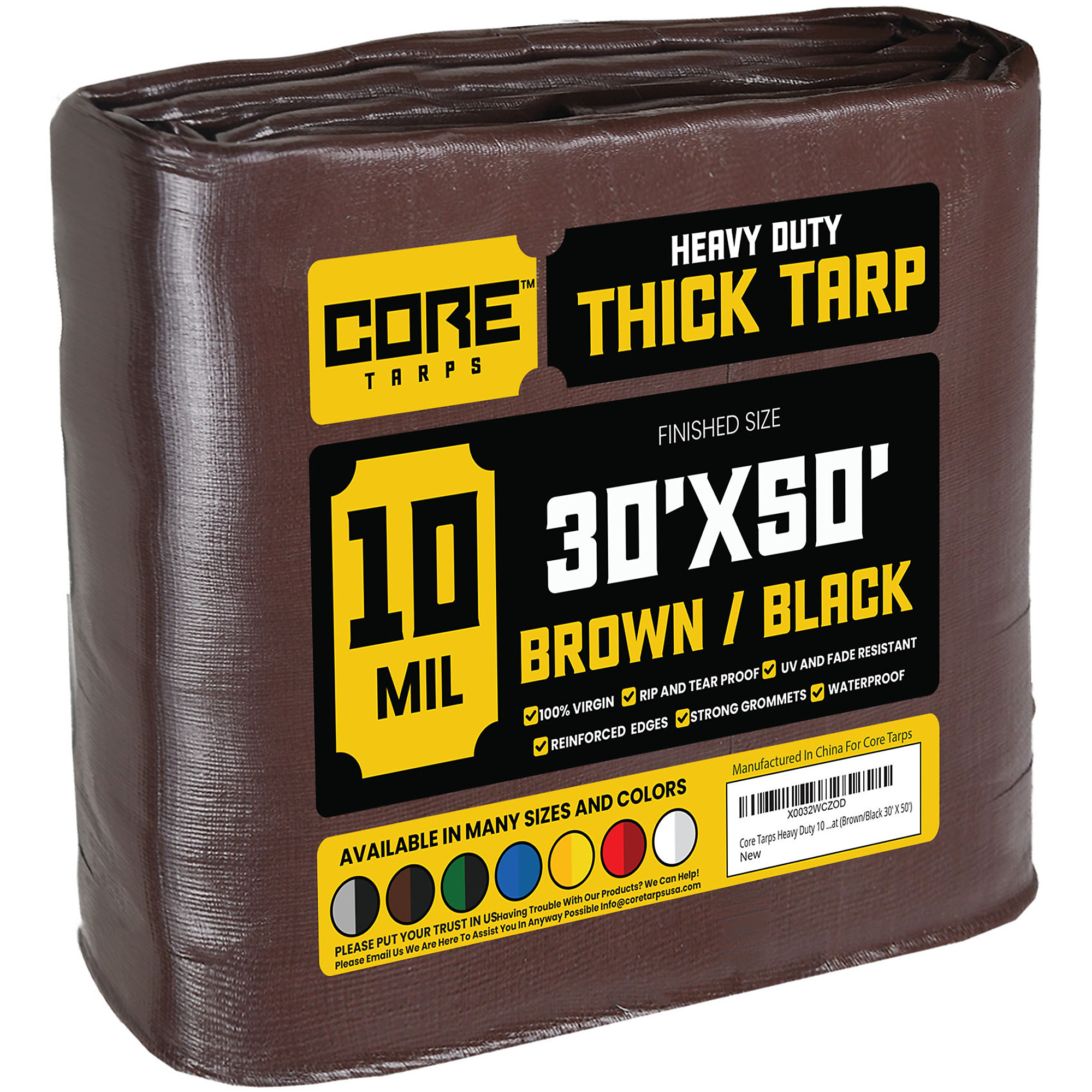 Core Tarps Heavy Duty Tarp Cover — 30ft. x 50ft., 10 Mil, Waterproof, UV Resistant, Rip and Tear Proof, Poly Tarpaulin, Reinforced Edges, Brown/Black, Model# CT-602-30X50